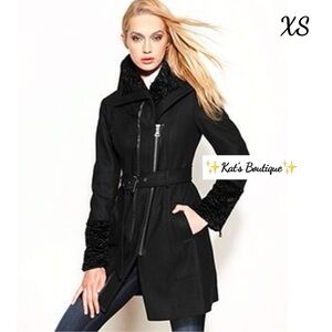 (NWT) GUESS Women’s Wool-Blend Faux-Fur-Trim Belted Coat, XS